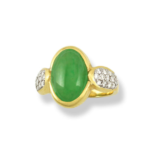 18K Yellow Gold Green Jadeite Jade and Pave Diamond Ring for Women | UPC #393592