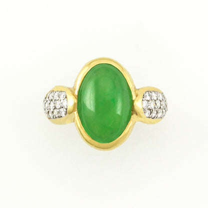 18K Yellow Gold Green Jadeite Jade and Pave Diamond Ring for Women | UPC #393592