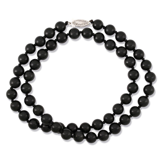 14K WHITE GOLD BLACK NEPHRITE JADE BEAD NECKLACE UPC #380073