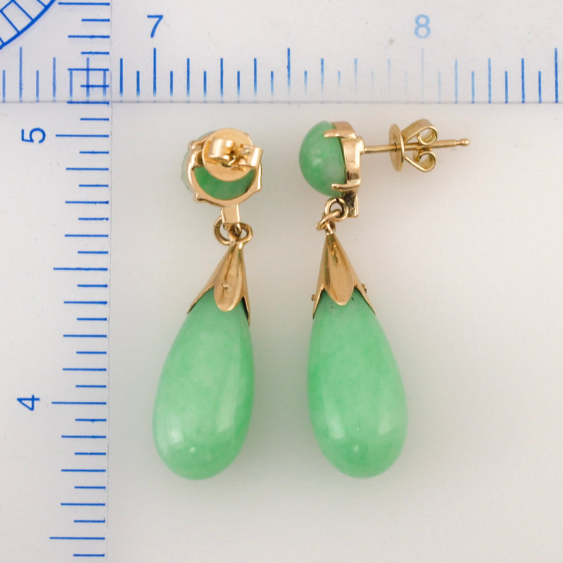 ESTATE 14K YELLOW GOLD GREEN JADEITE JADE TEAR DROP EARRING UPC #391390