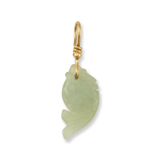 14K YELLOW GOLD GREEN JADEITE JADE CARVED FISH PENDANT UPC #026551