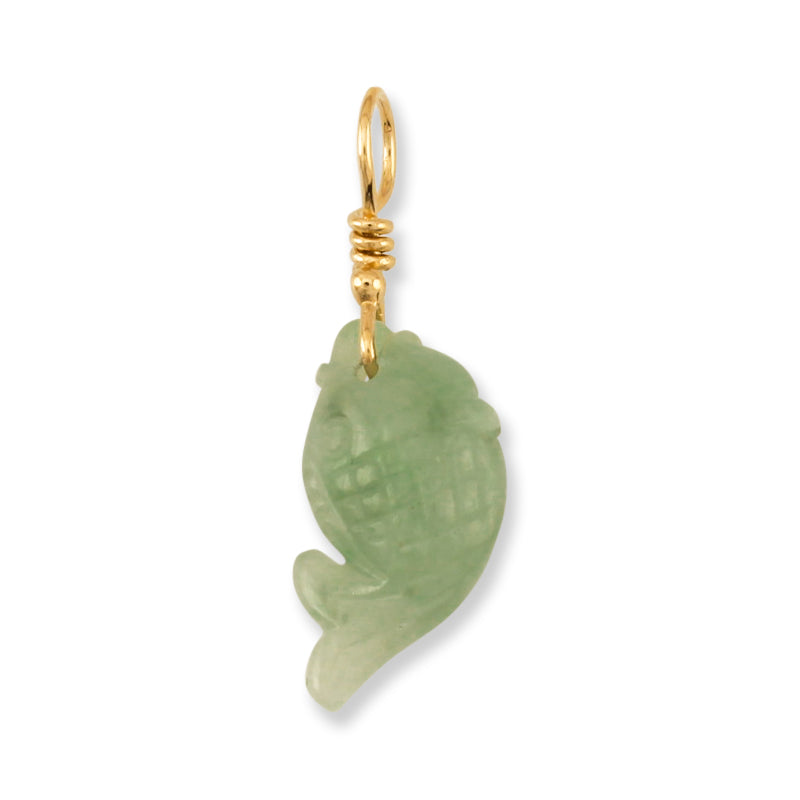 14K YELLOW GOLD GREEN JADEITE JADE CARVED FISH PENDANT UPC #218093