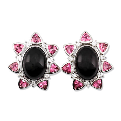 18K White Gold Nephrite Black Jade Earrings with Diamond and Tourmaline | UPC #262348