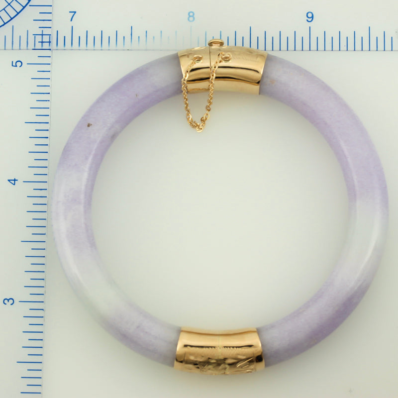 Purple Jade Bangle Bracelet | Lavender Jadeite Jade with 14K Yellow Gold Hinge and Clasp 53.2MM | UPC #387096