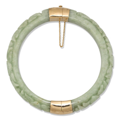 ESTATE GREEN JADEITE JADE 14K YELLOW GOLD HINGE & CLASP BANGLE 64MM UPC #029842