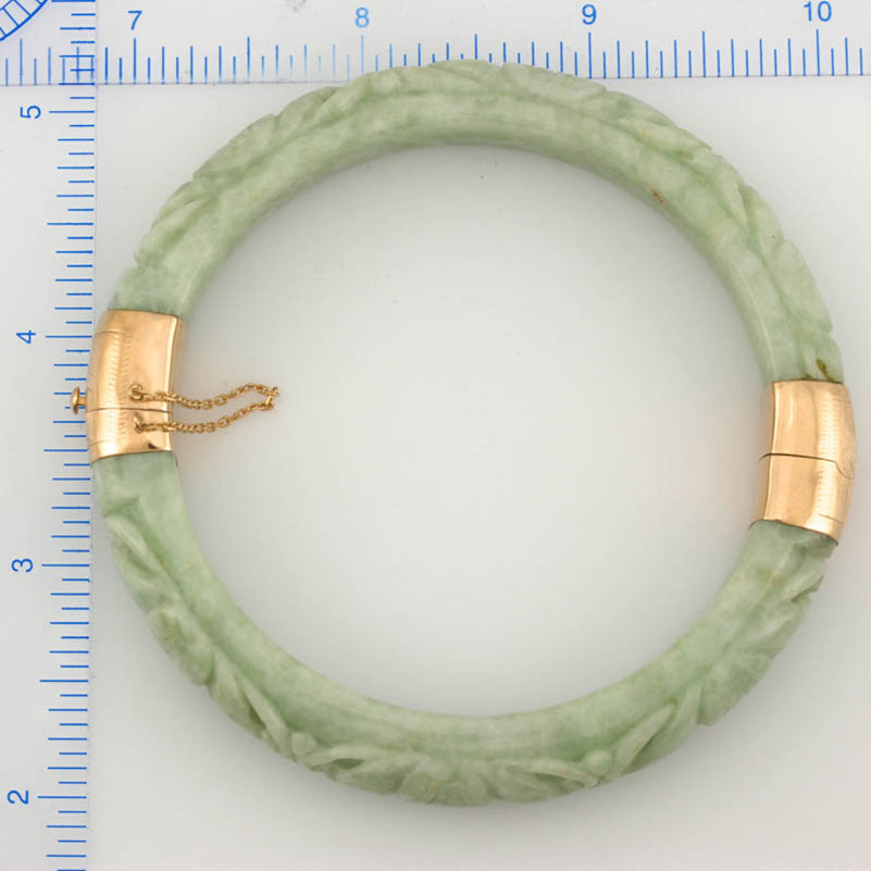 ESTATE GREEN JADEITE JADE 14K YELLOW GOLD HINGE & CLASP BANGLE 64MM UPC #029842