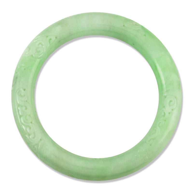 GREEN JADEITE JADE CYLINDRICAL CARVED BANGLE 56.9MM UPC #306592