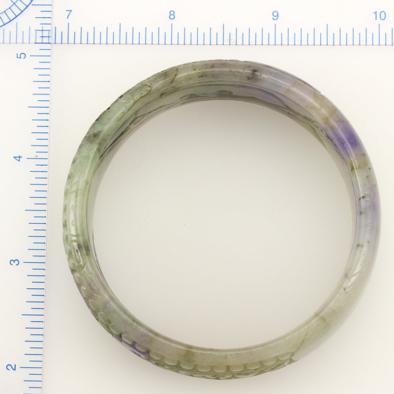 CARVED HALF ROUND GREEN & LAVENDER JADEITE JADE BANGLE 61.1MM UPC #281929