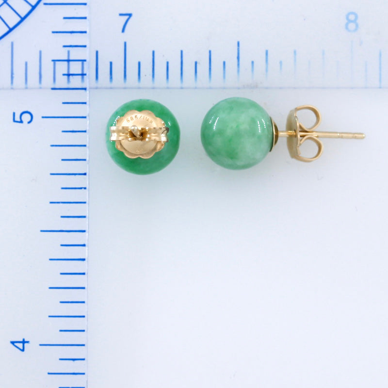 14K YELLOW GOLD GREEN JADEITE JADE 8MM BALL STUD  EARRING UPC #297319