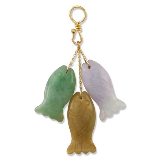 Triple Jade Fish Pendant | Green, Lavender and Yellow Carved Jadeite Jade in 14K Yellow Gold| UPC #392052