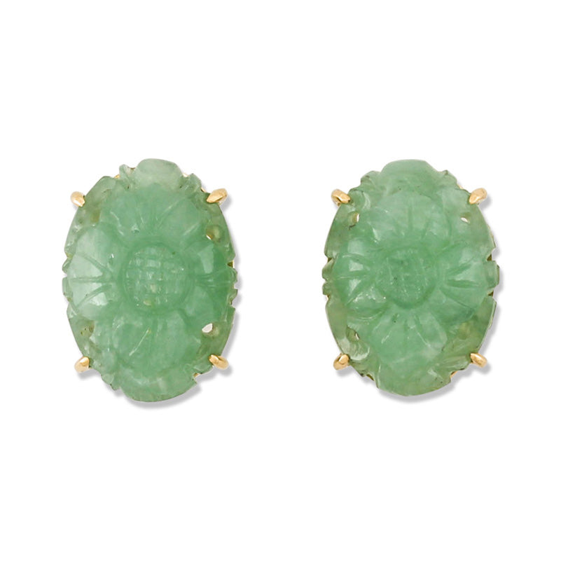 14K YELLOW GOLD GREEN JADEITE JADE CARVED EARRING UPC #369474