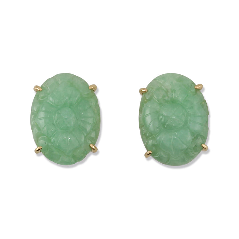 14K YELLOW GOLD GREEN JADEITE JADE CARVED EARRING UPC #369986