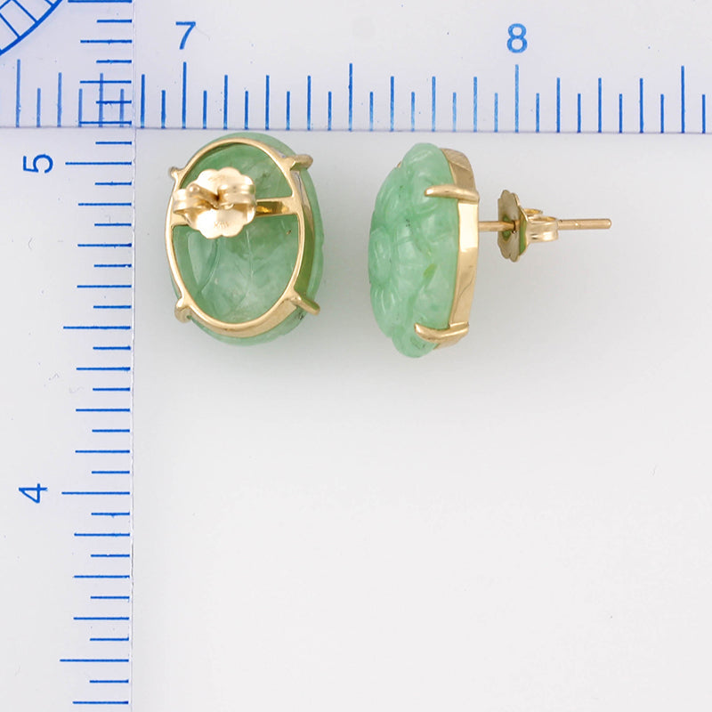 14K YELLOW GOLD GREEN JADEITE JADE CARVED EARRING UPC #369986