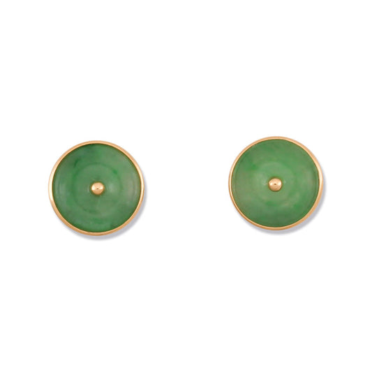 18K YELLOW GOLD GREEN JADEITE JADE DISC EARRING UPC #381322