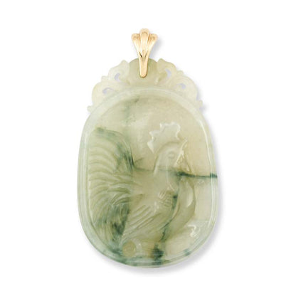 14K YELLOW GOLD GREEN & WATER JADEITE JADE CARVED ROOSTER PENDANT UPC #317154