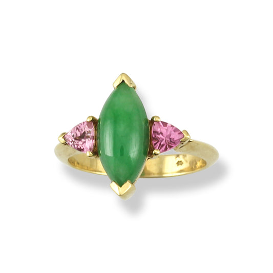 18K YELLOW GOLD GREEN JADEITE JADE & PINK TOURMALINE RING UPC #285521