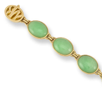 14K Yellow Gold Green Jadeite Jade 7.5" Oval Cabochon Bracelet | UPC #321793