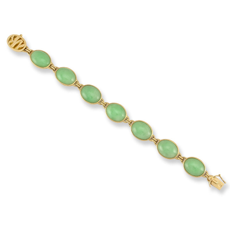 14K Yellow Gold Green Jadeite Jade 7.5" Oval Cabochon Bracelet | UPC #321793