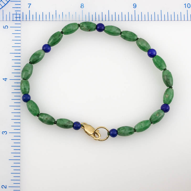 14K YELLOW GOLD & GREEN JADEITE JADE & LAPIS LOTUS BEAD BRACELET UPC #375093