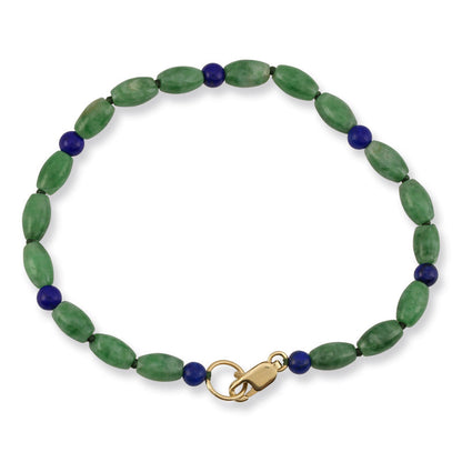 14K YELLOW GOLD & GREEN JADEITE JADE & LAPIS LOTUS BEAD BRACELET UPC #375093