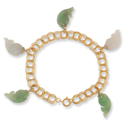 14K YELLOW GOLD GREEN & WHITE JADEITE JADE FISH CHARM BRACELET UPC #390164