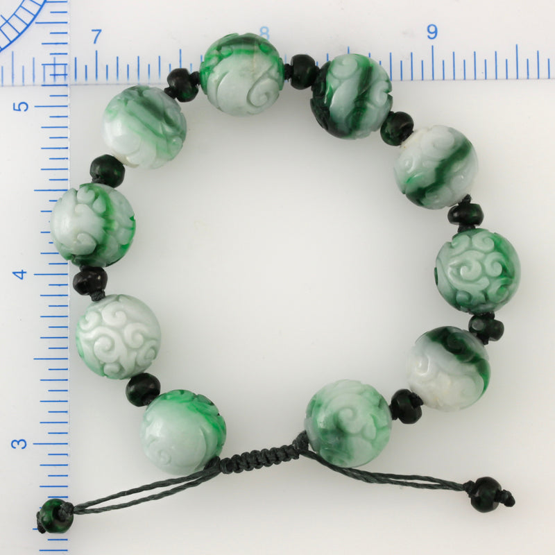 GREEN JADEITE JADE CARVED ADJUSTABLE BEAD BRACELET UPC #390997