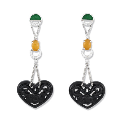 18K White Gold Black Jadeite Jade Heart Earrings with Jade Bat Carving | UPC #393554