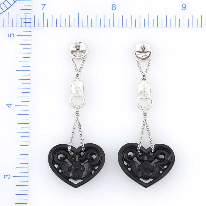 18K White Gold Black Jadeite Jade Heart Earrings with Jade Bat Carving | UPC #393554