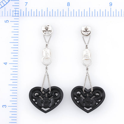 18K White Gold Black Jadeite Jade Heart Earrings with Jade Bat Carving | UPC #393554