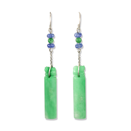 14K White Gold Green Jadeite Jade Fu Dog Carving Earrings with Genuine Sapphire | UPC #314429