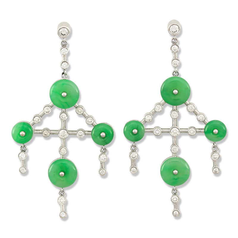 18K White Gold Apple Green Jadeite Jade Earrings | Chandelier Style Earrings for Women | UPC #310759