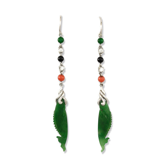 18K White Gold Green Jadeite Jade Carvings of Fish Earrings with Jade Beads and Coral Beads | UPC #313057