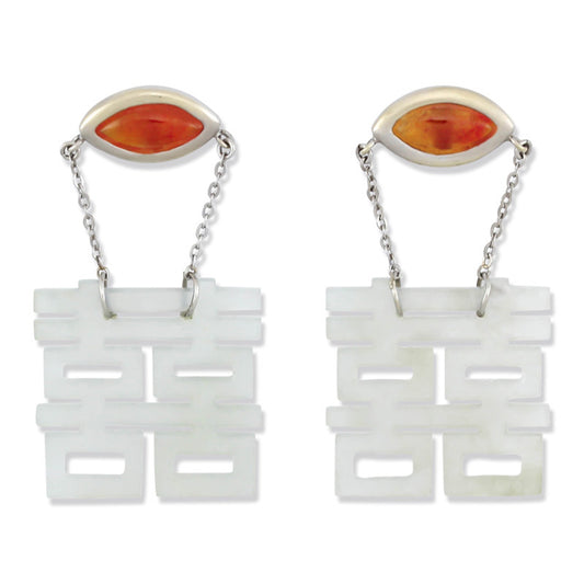 18K WHITE GOLD ICE & RED JADEITE JADE DOUBLE HAPPINESS EARRING UPC #318649