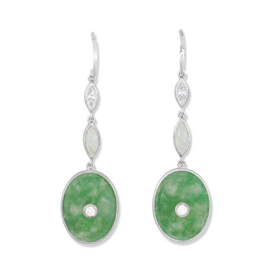 18K WHITE GOLD ICY GREEN JADEITE JADE OVAL DROP EARRING UPC #335547