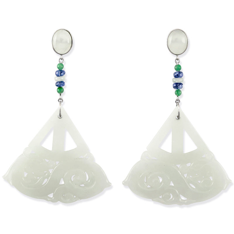 18K WHITE GOLD WHITE JADEITE JADE CARVED DRAGON DROP EARRING UPC #341050