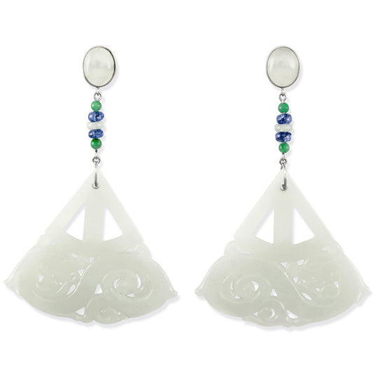 18K White Gold White Jadeite Jade Carved Dragon Earrings | UPC #341050