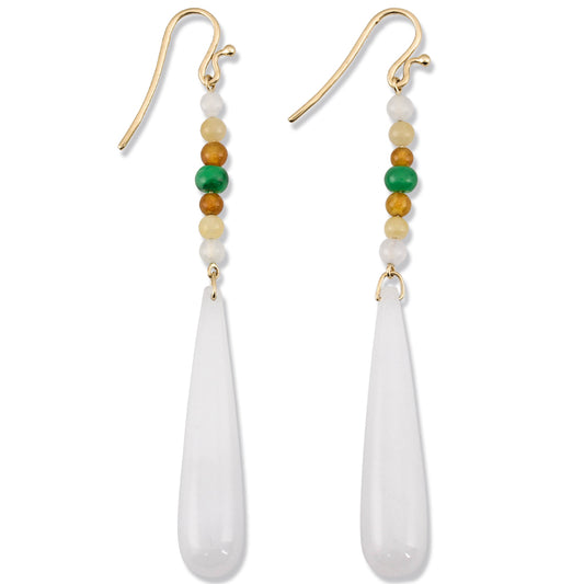 14K YELLOW GOLD WHITE JADEITE JADE TEAR DROP EARRING UPC #358959