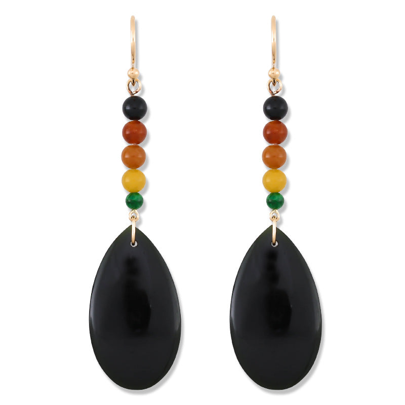 14K YELLOW GOLD BLACK NEPHRITE & RAINBOW JADE TEAR DROP EARRING UPC #365957