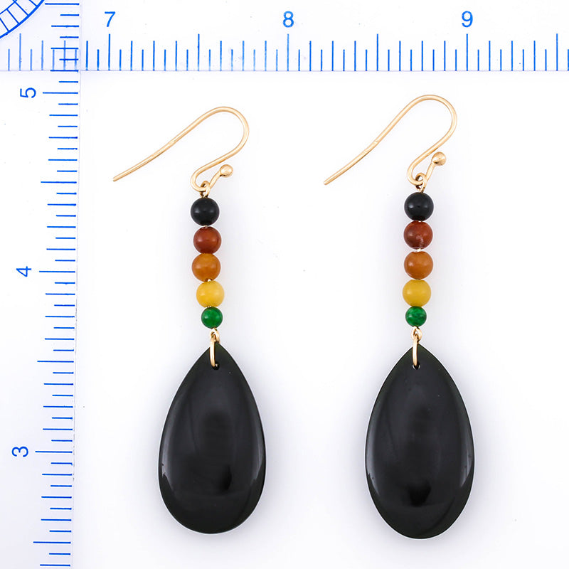 14K YELLOW GOLD BLACK NEPHRITE & RAINBOW JADE TEAR DROP EARRING UPC #365957