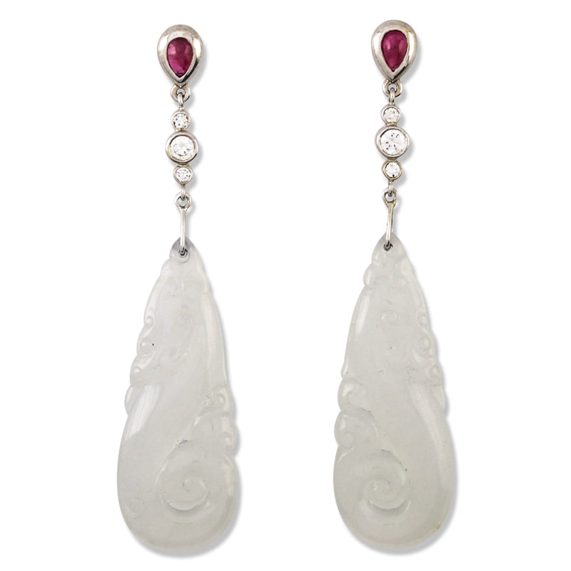 Jade Dragon Earrings for Women in 18K White Gold with Rubies and Diamonds | UPC #374348