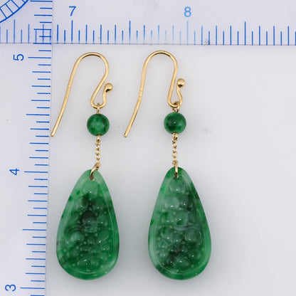 18K YELLOW GOLD GREEN JADEITE JADE CARVED TEAR DROP EARRING UPC #376526