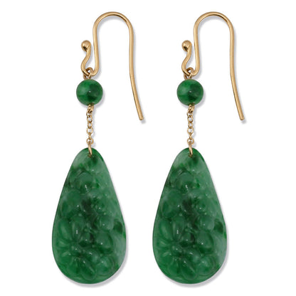 18K YELLOW GOLD GREEN JADEITE JADE CARVED TEAR DROP EARRING UPC #376526