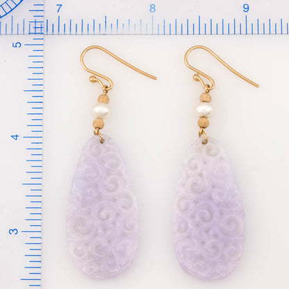 14K YELLOW GOLD LAVENDER JADEITE JADE CARVED DROP EARRING UPC #378599