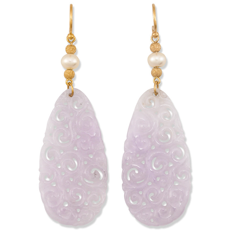 14K YELLOW GOLD LAVENDER JADEITE JADE CARVED DROP EARRING UPC #378599