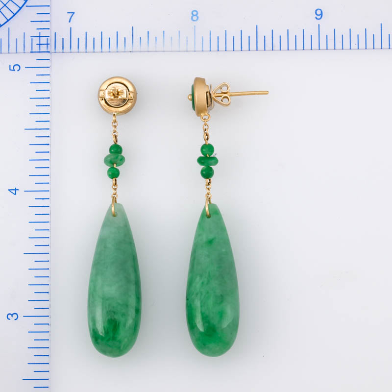 18K YELLOW GOLD GREEN JADEITE JADE TEAR DROP EARRING UPC #379510