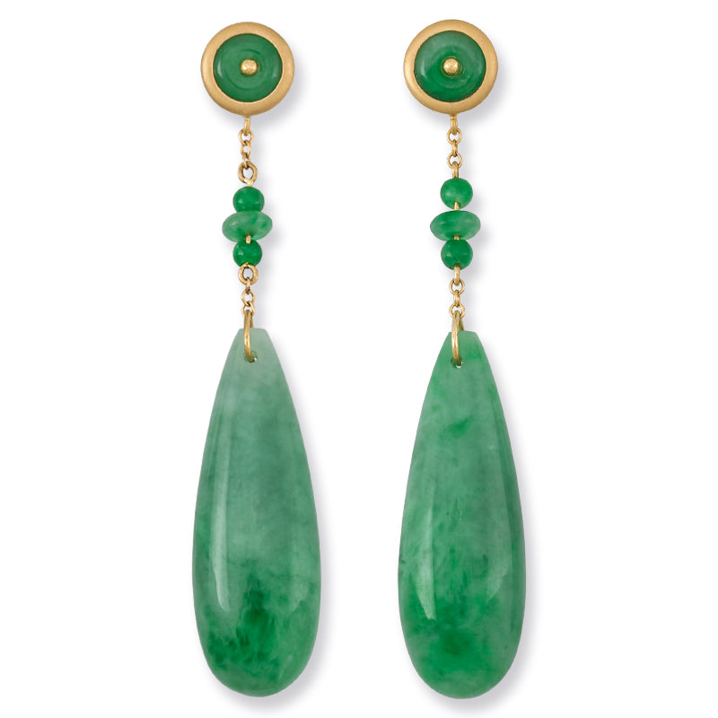 18K YELLOW GOLD GREEN JADEITE JADE TEAR DROP EARRING UPC #379510