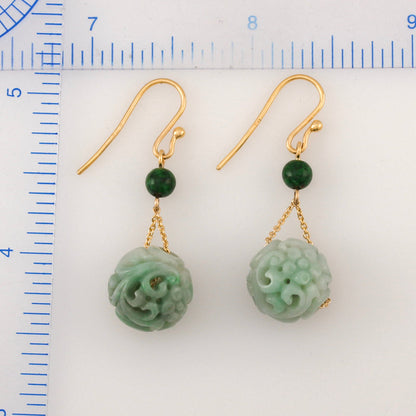 14K YELLOW GOLD GREEN JADEITE JADE CARVED BEAD DROP EARRING UPC #388895