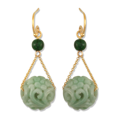 14K YELLOW GOLD GREEN JADEITE JADE CARVED BEAD DROP EARRING UPC #388895