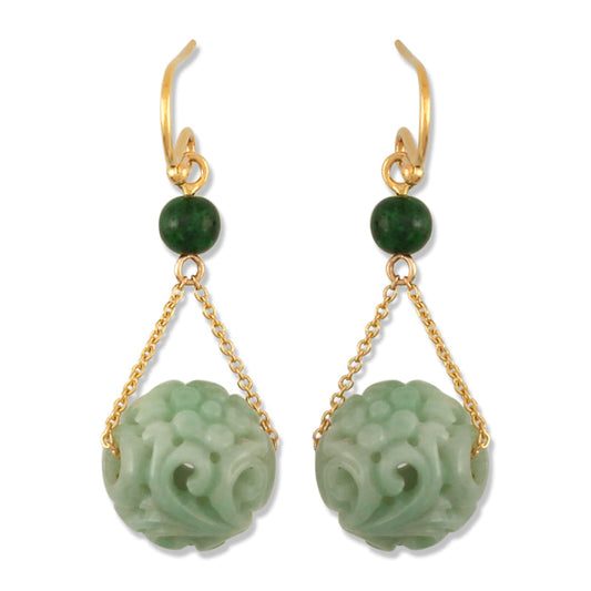 14K YELLOW GOLD GREEN JADEITE JADE CARVED BEAD DROP EARRING UPC #388895