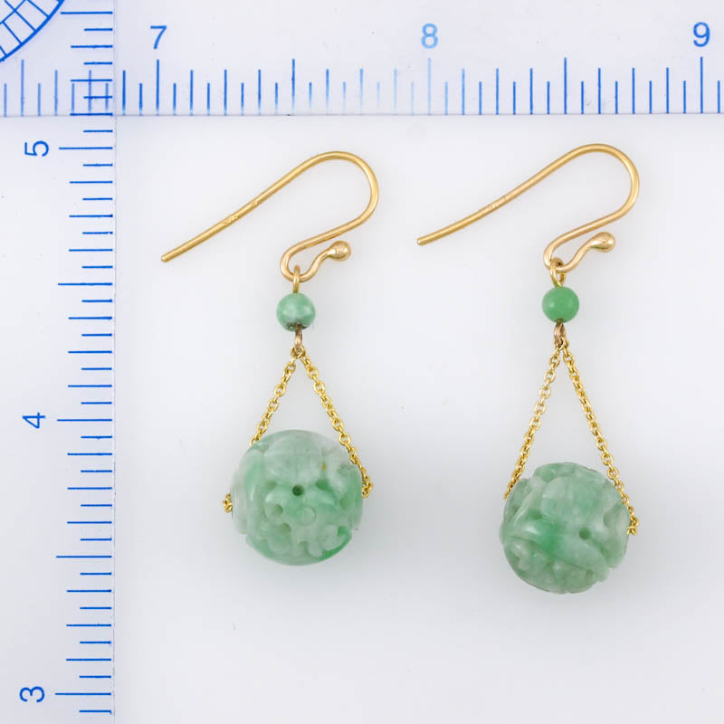 14K YELLOW GOLD GREEN JADEITE JADE CARVED BEAD EARRING UPC #379909